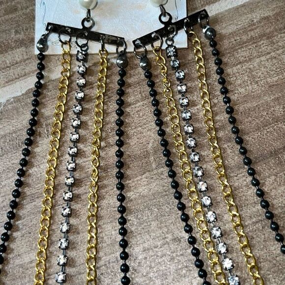 Long Wide Chain Fringe Dangle Chandelier Earring Black Gold Tone Rhinestone - Picture 5 of 6